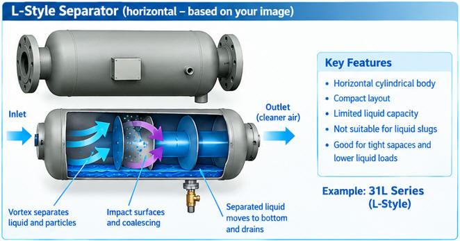 L-style centrifugal compressed air water separators L-style centrifugal compressed air water separators