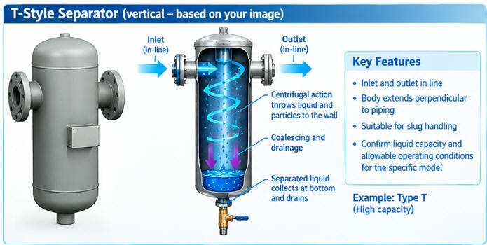 T-style centrifugal compressed air water separators